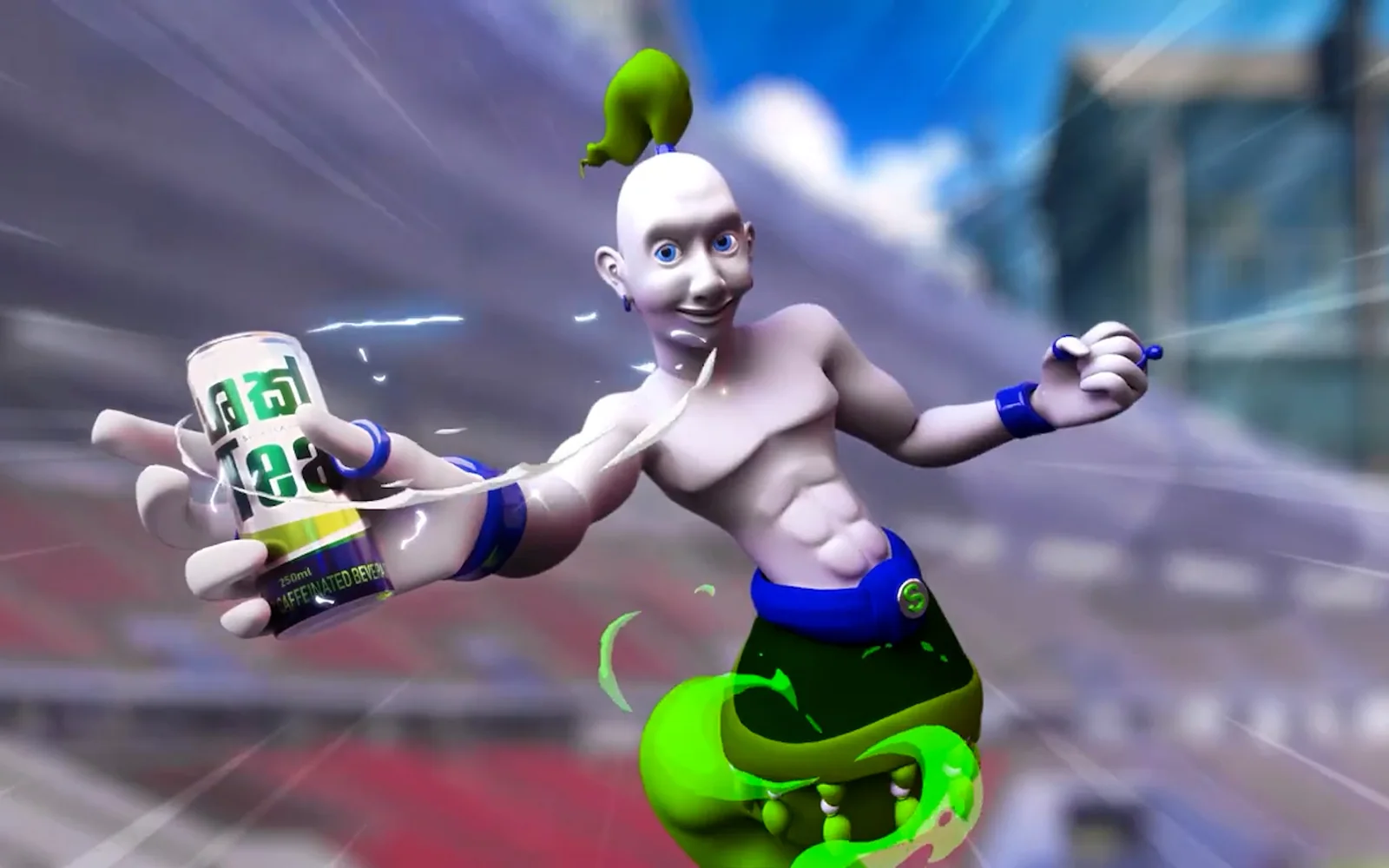 Shak Tea 3D animated commercial: an athlete drinking a can mid-stride