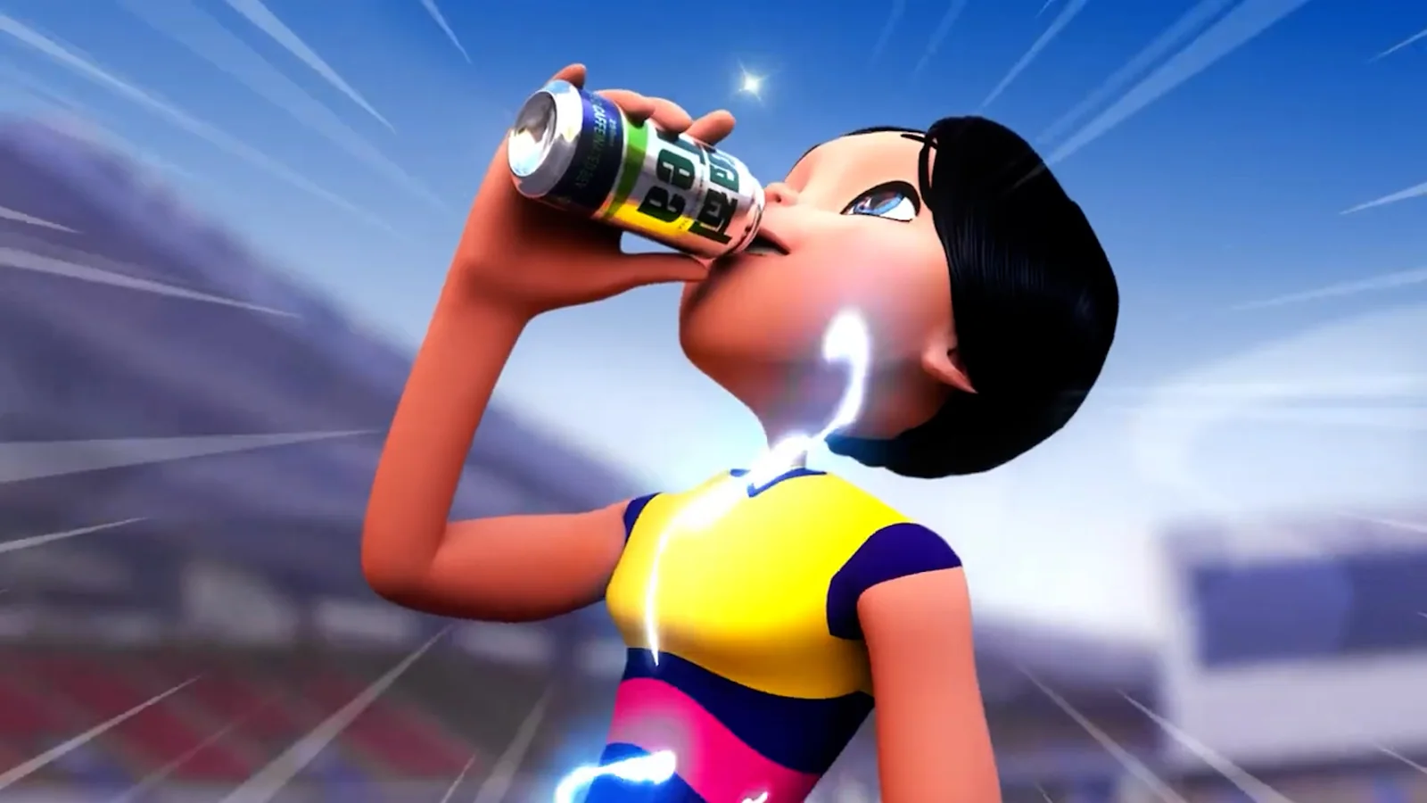 Athlete concept: an animated sprinter drinking a can of Shak Tea trackside