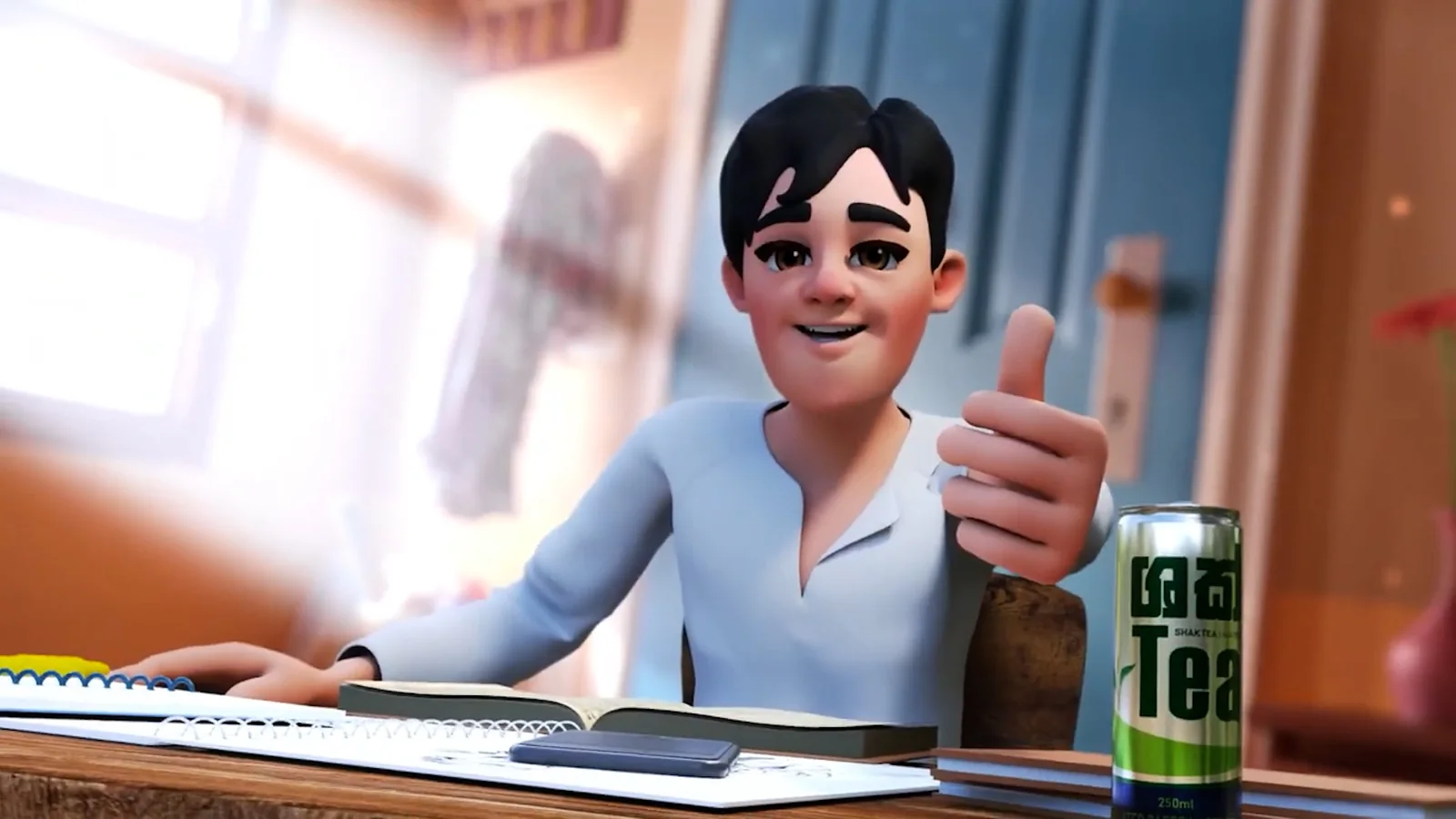 Everyday character concept: an animated student at his desk with a can of Shak Tea