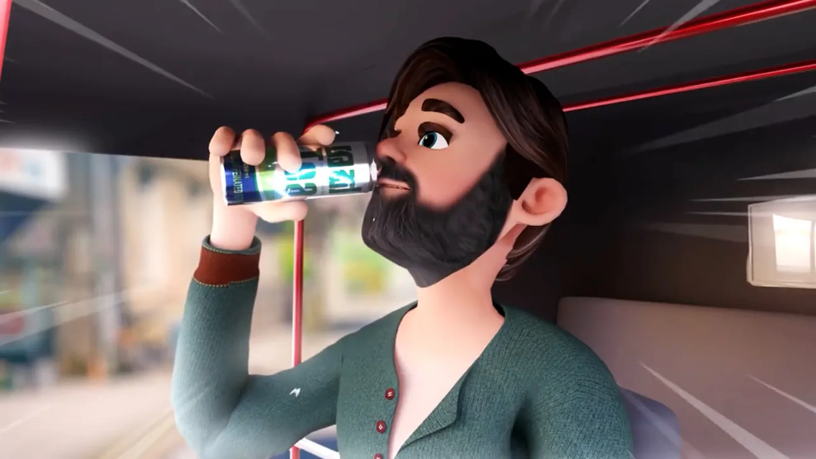 Tuk rider concept: an animated three-wheeler driver drinking a can of Shak Tea