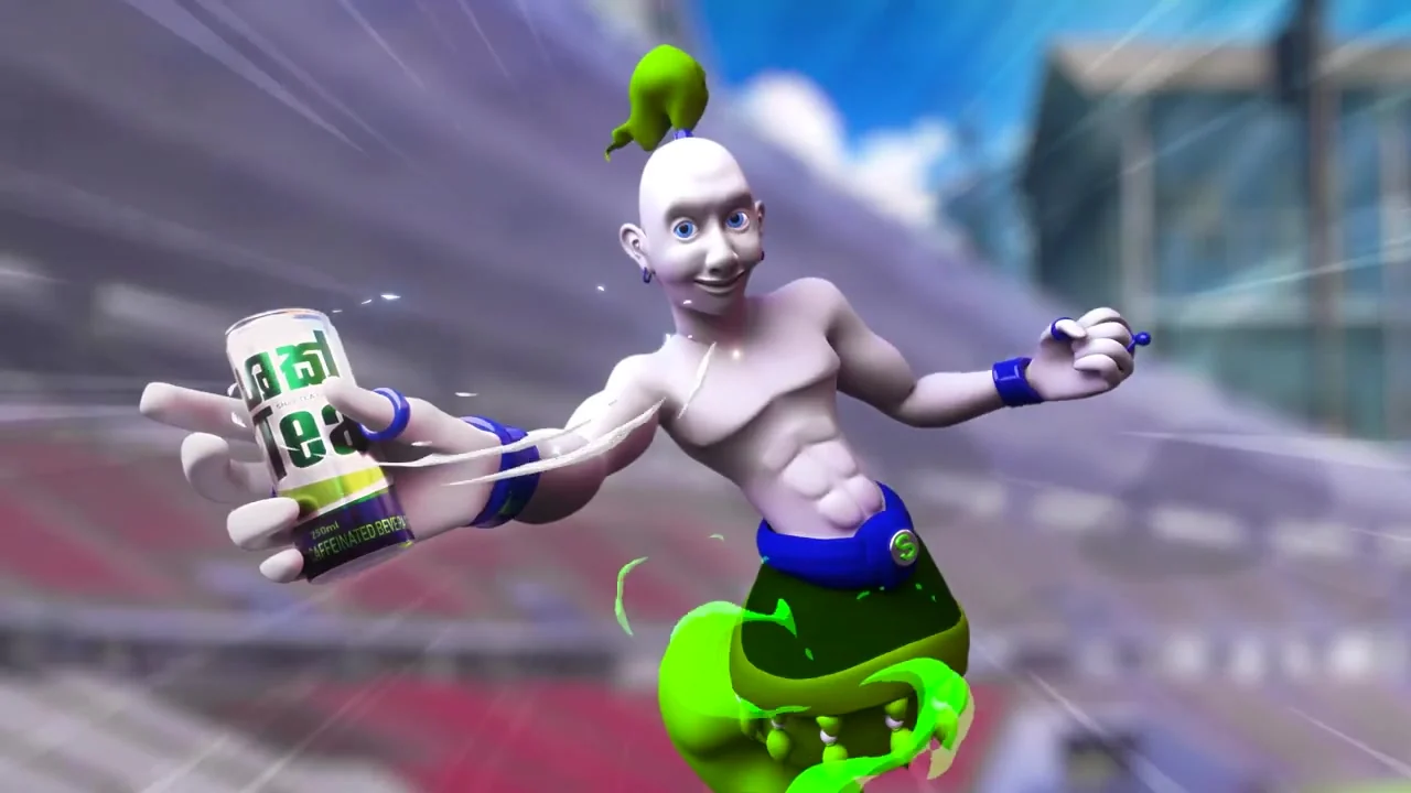 The Genie arriving at the stadium track, holding out a can