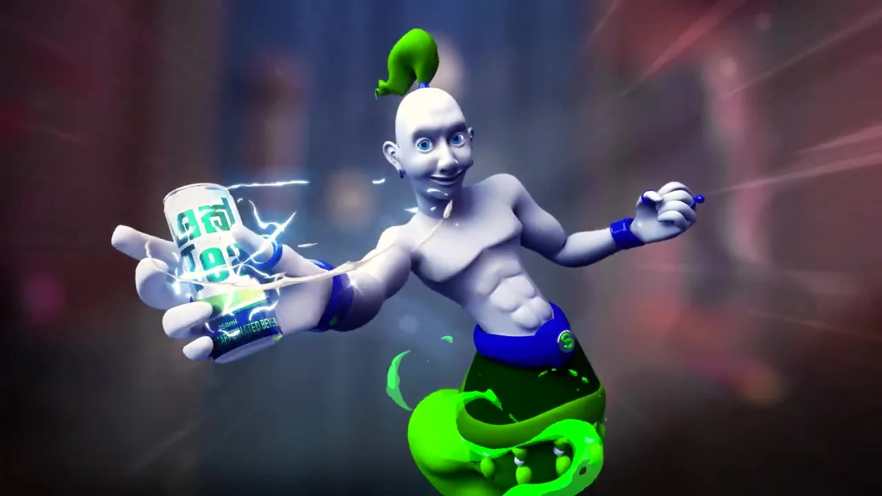The Genie arriving in the student room, holding out a can