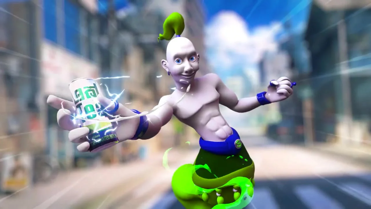 The Genie arriving on a street beside the tuk, holding out a can