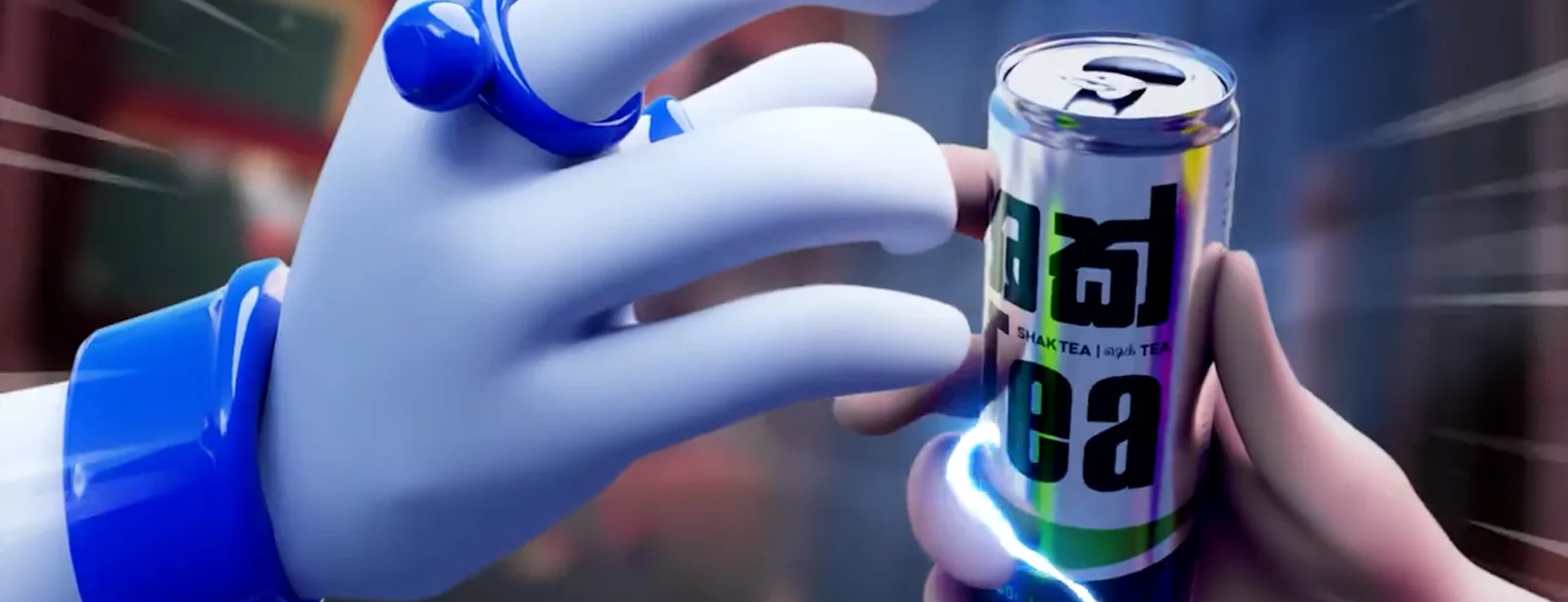 Close-up from the Shak Tea commercials: the Genie hands a can to a character