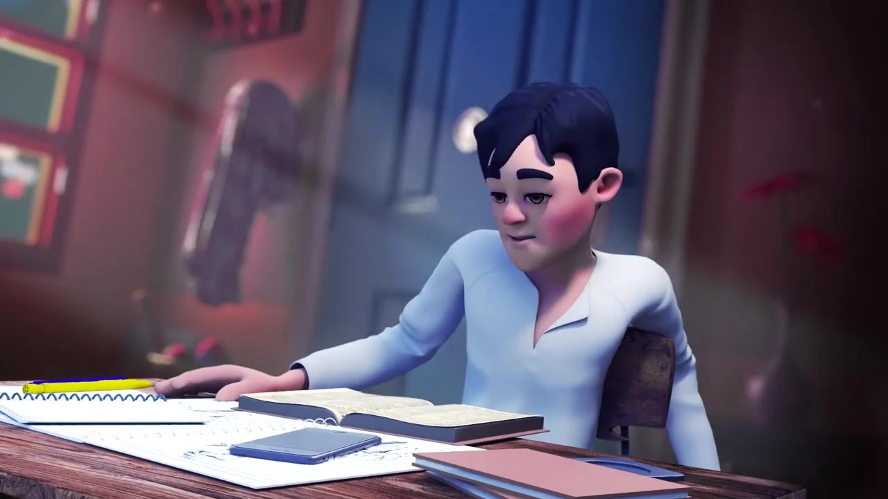 The student at his desk late at night, surrounded by books